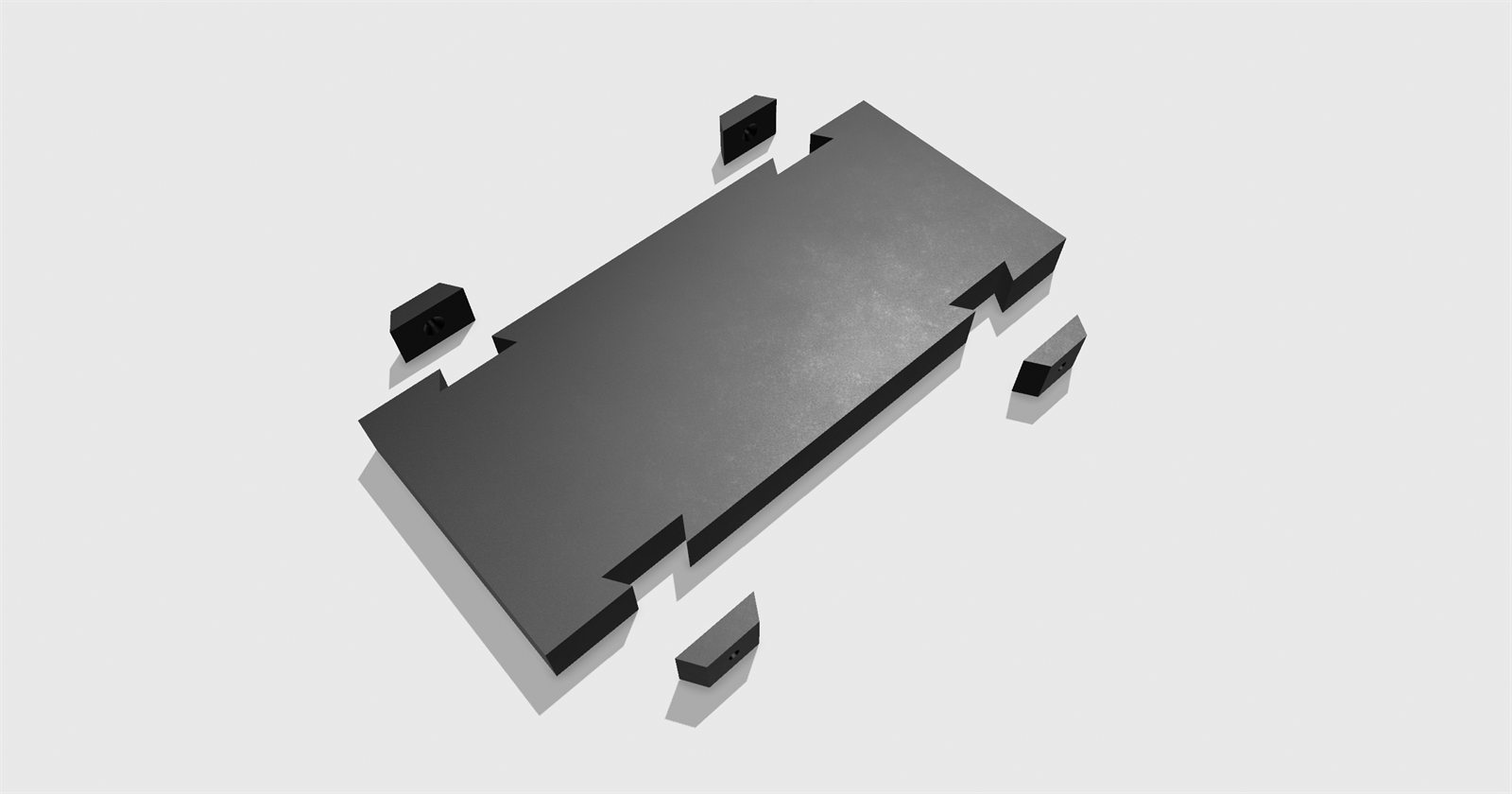 CAD render of a flat black mounting plate with clips
