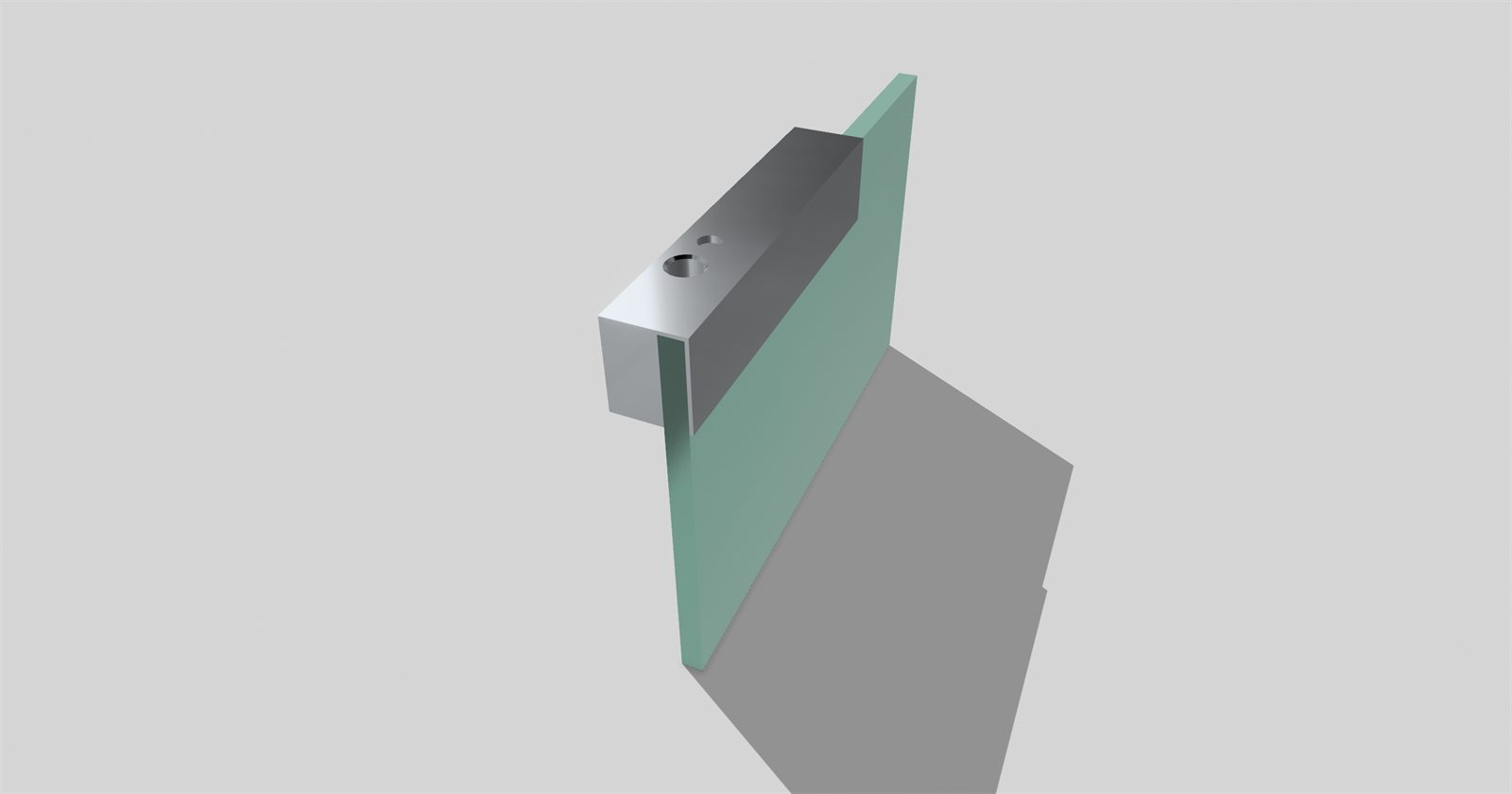 CAD render of a slim bracket clamped to a glass panel